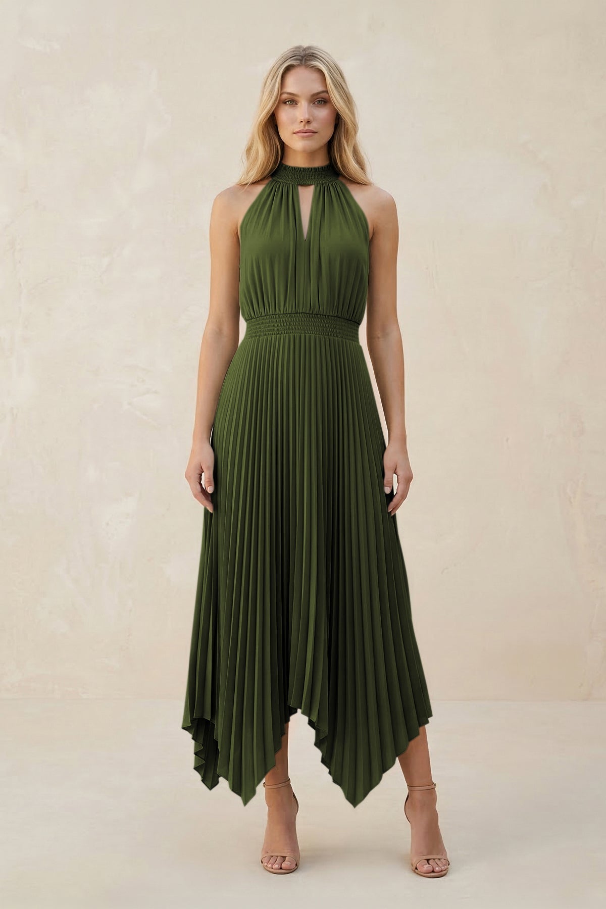 Halter Neck Pleated A-Line Chiffon Bridesmaid Dress in Olive