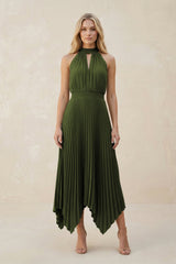 Halter Neck Pleated A-Line Chiffon Bridesmaid Dress in Olive