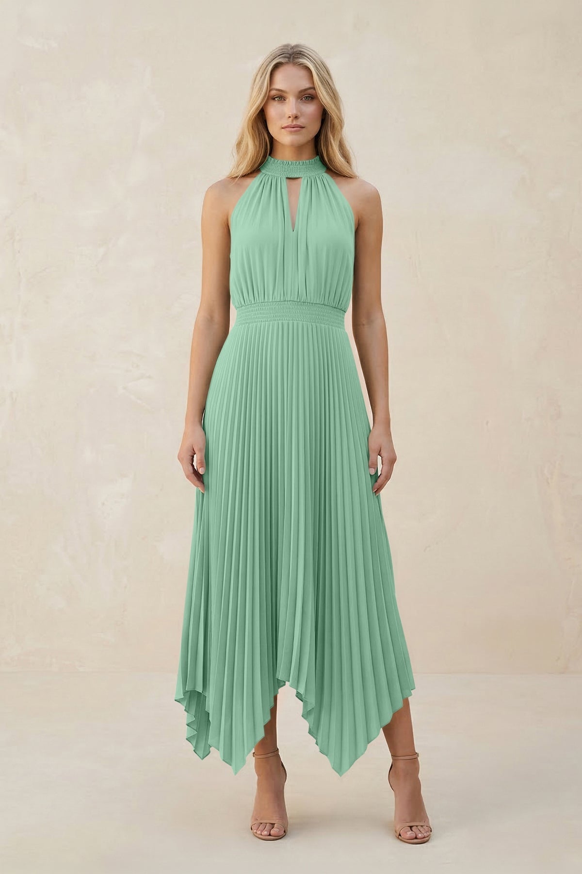 Halter Neck Pleated A-Line Chiffon Bridesmaid Dress in Pale Pistachio
