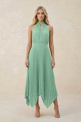Halter Neck Pleated A-Line Chiffon Bridesmaid Dress in Pale Pistachio