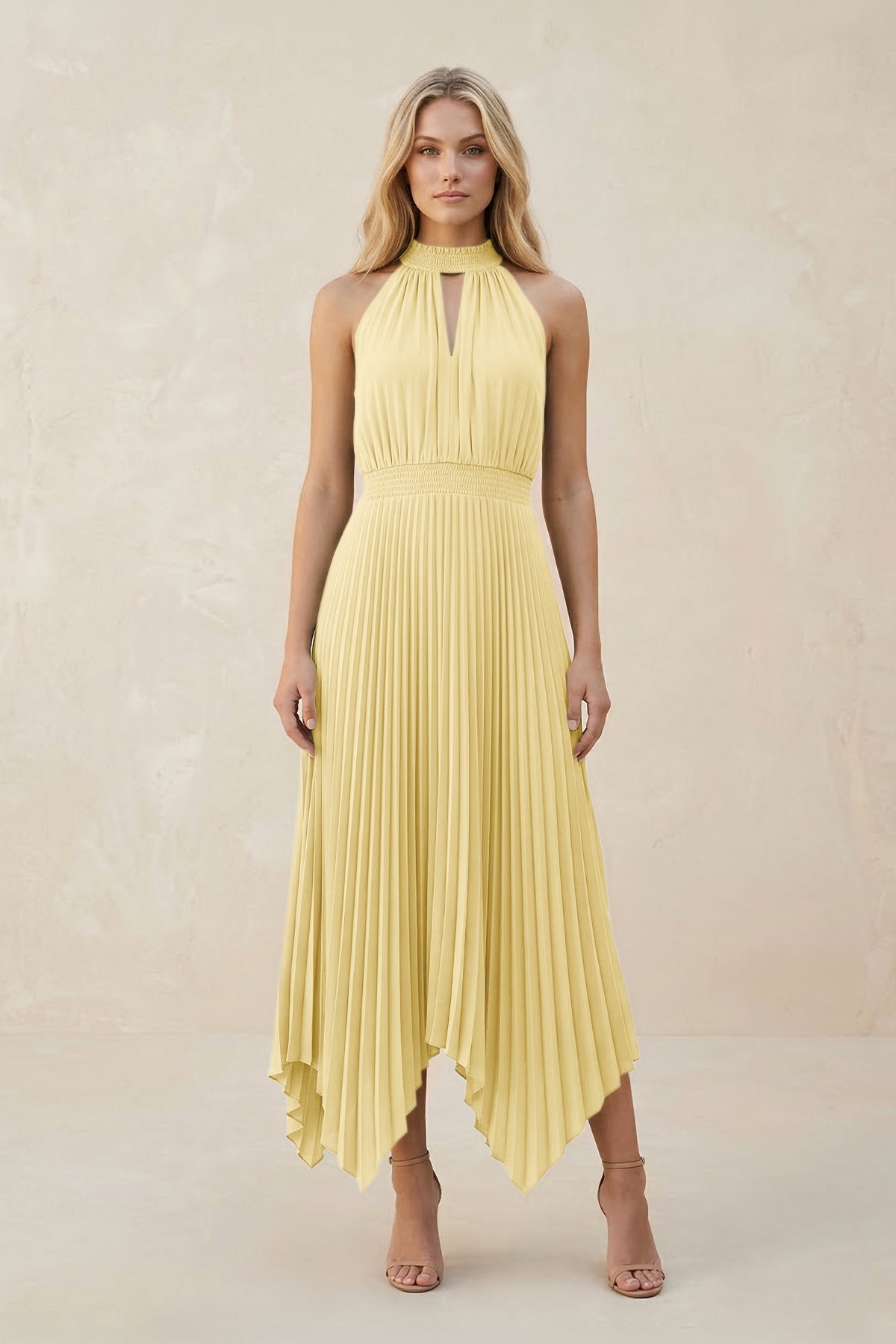 Halter Neck Pleated A-Line Chiffon Bridesmaid Dress in Pastel Yellow