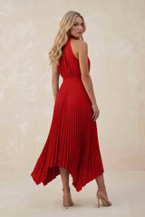 Halter Neck Pleated A-Line Chiffon Bridesmaid Dress in Ruby Red