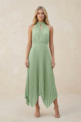 Halter Neck Pleated A-Line Chiffon Bridesmaid Dress in Sage