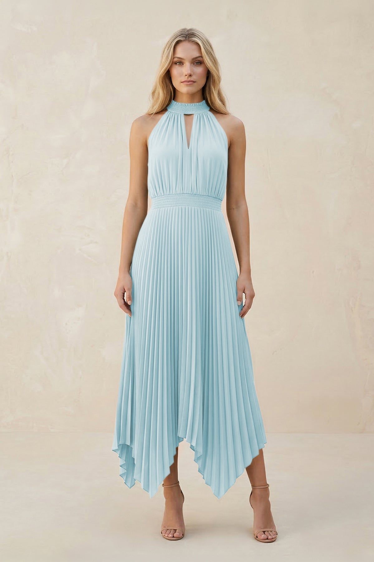Halter Neck Pleated A-Line Chiffon Bridesmaid Dress in Sky Blue