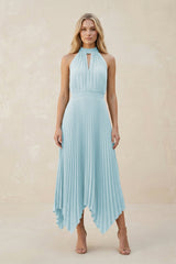 Halter Neck Pleated A-Line Chiffon Bridesmaid Dress in Sky Blue