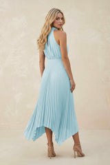 Halter Neck Pleated A-Line Chiffon Bridesmaid Dress in Sky Blue