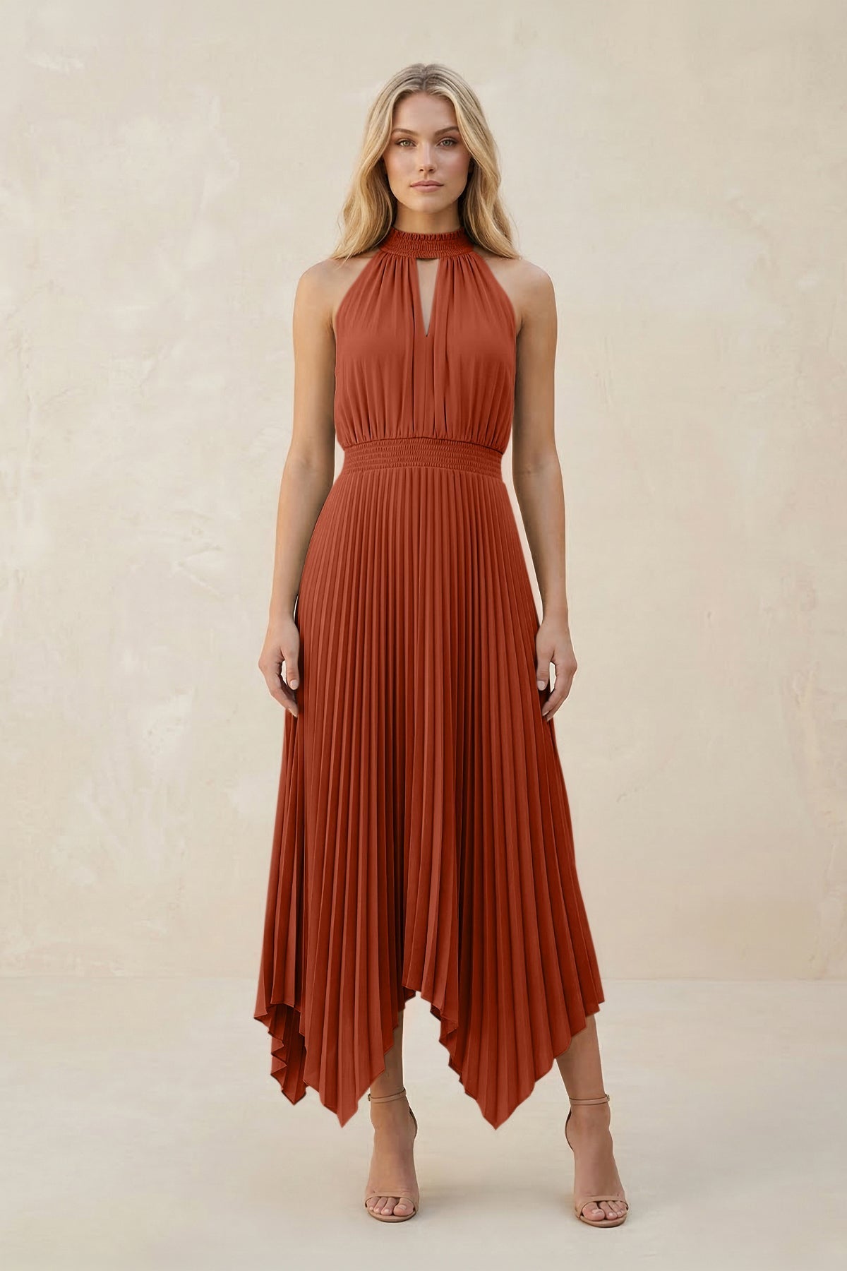 Halter Neck Pleated A-Line Chiffon Bridesmaid Dress in Spice