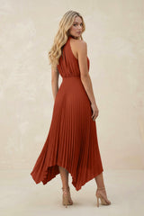 Halter Neck Pleated A-Line Chiffon Bridesmaid Dress in Spice