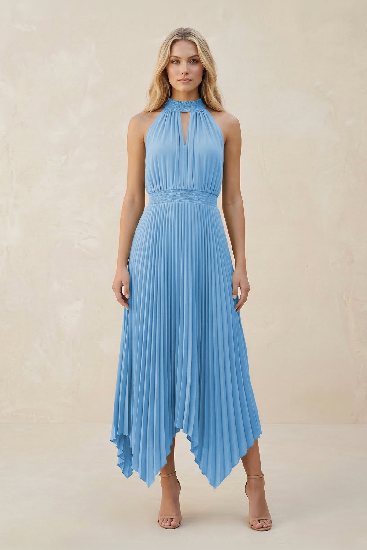 Halter Neck Pleated A-Line Chiffon Bridesmaid Dress in Steel Blue