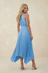 Halter Neck Pleated A-Line Chiffon Bridesmaid Dress in Steel Blue