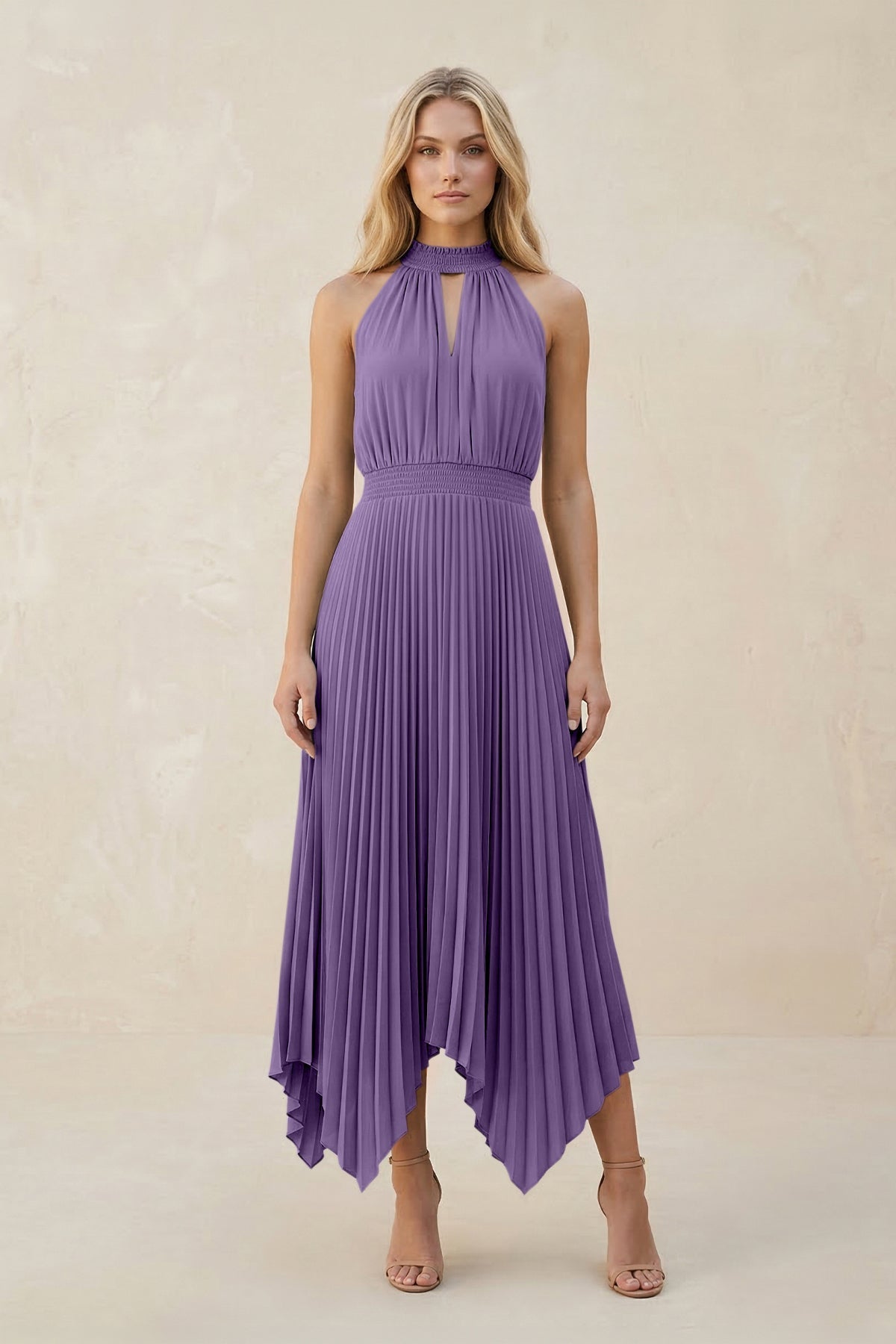 Halter Neck Pleated A-Line Chiffon Bridesmaid Dress in Tahiti