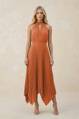 Halter Neck Pleated A-Line Chiffon Bridesmaid Dress in Terracotta
