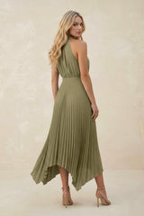 Halter Neck Pleated A-Line Chiffon Bridesmaid Dress in Thyme
