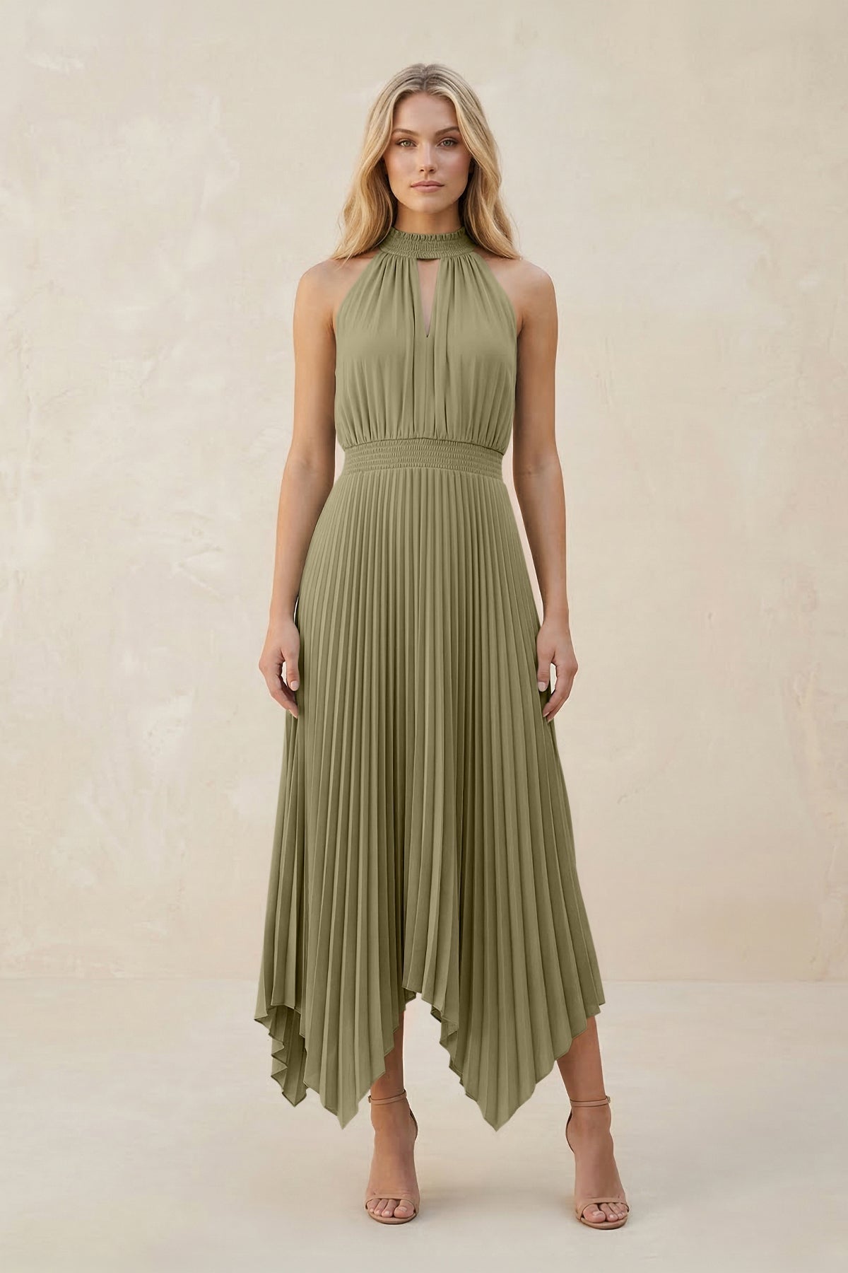 Halter Neck Pleated A-Line Chiffon Bridesmaid Dress in Thyme