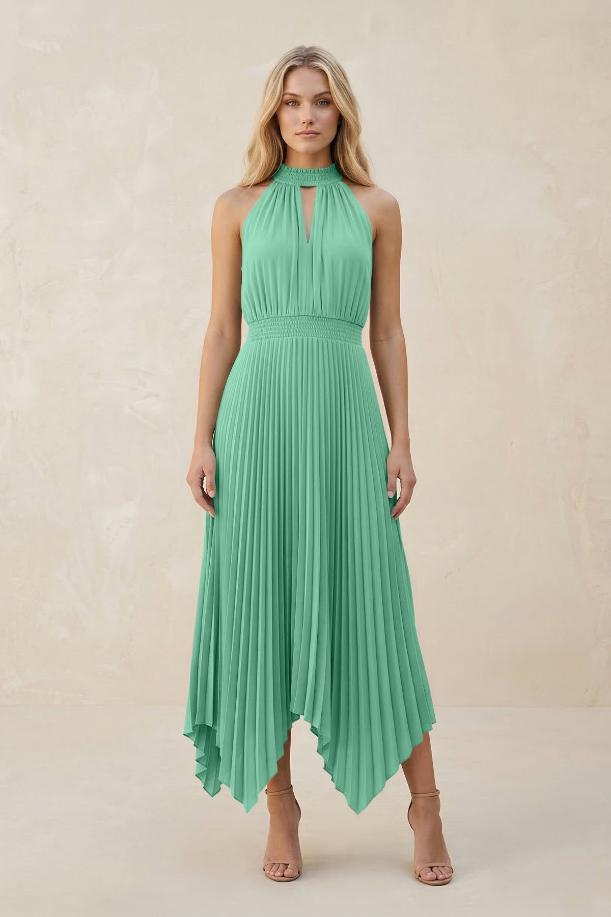 Halter Neck Pleated A-Line Chiffon Bridesmaid Dress in Turquoise