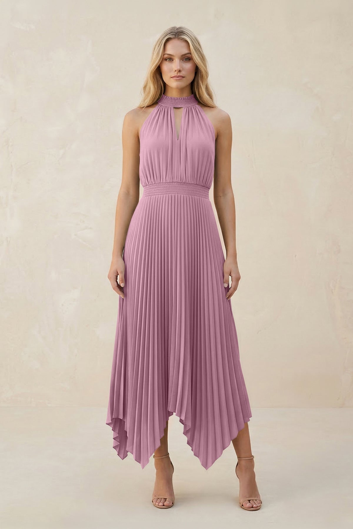 Halter Neck Pleated A-Line Chiffon Bridesmaid Dress in Vintage Mauve