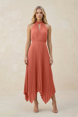 Halter Neck Pleated A-Line Chiffon Bridesmaid Dress in Wild Rose