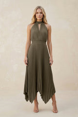 Halter Neck Pleated A-Line Chiffon Bridesmaid Dress in Willow Green