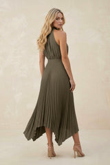 Halter Neck Pleated A-Line Chiffon Bridesmaid Dress in Willow Green