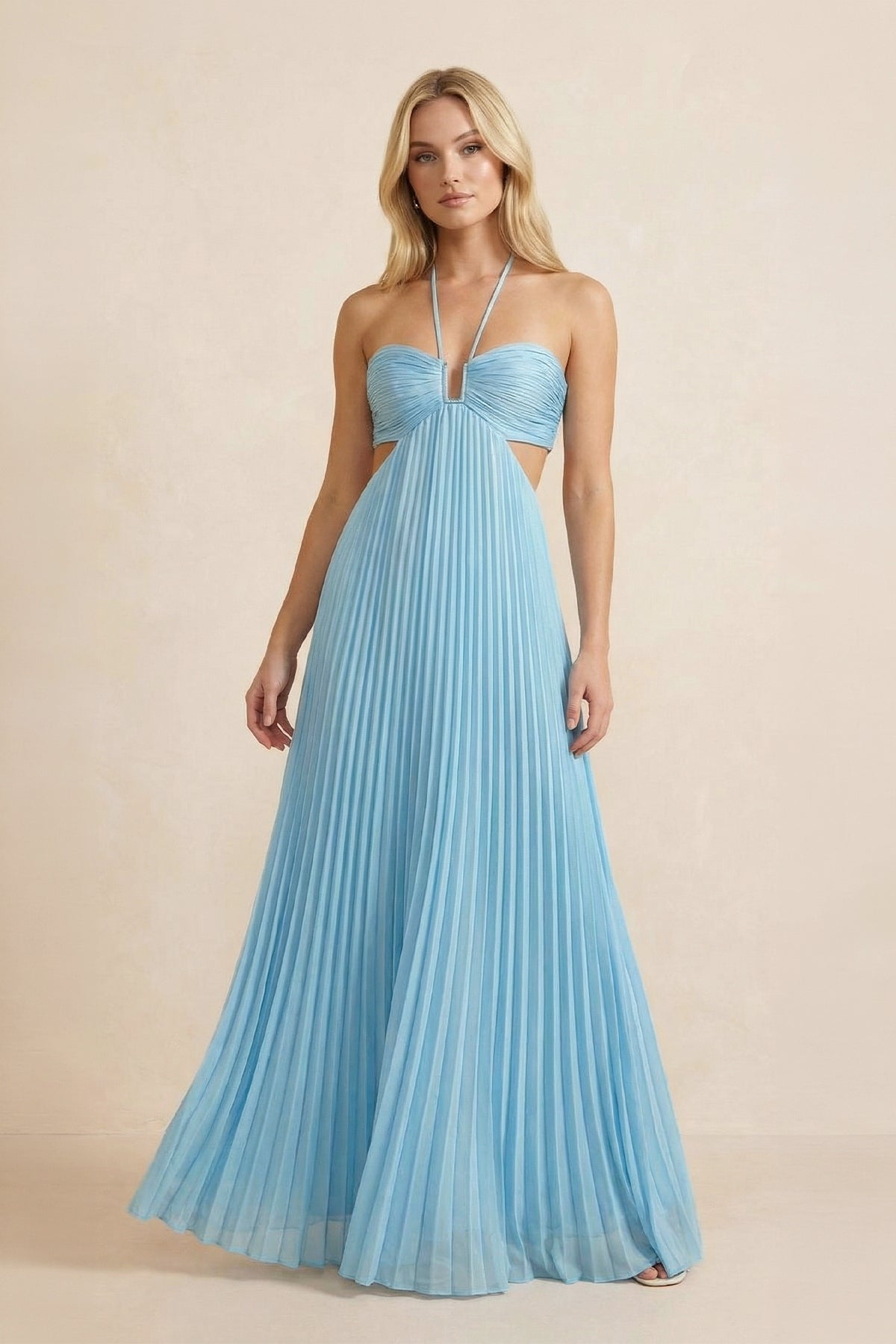 Halter Pleated Maxi Dress With Cutout in Sky Blue