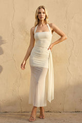 Halter Ruched Maxi Dress in Ivory
