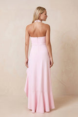 Halter Ruffled Sheath Maxi Dress with Slit in Pink