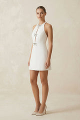 Halter Satin A-Line Mini Wedding Dress with Bow in White