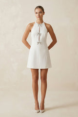 Halter Satin A-Line Mini Wedding Dress with Bow in White