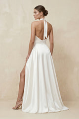 Halter Satin A-Line Wedding Dress With Slit in White