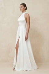 Halter Satin A-Line Wedding Dress With Slit in White