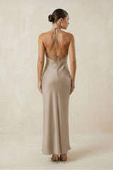 Halter Satin Sheath Midi Bridesmaid Dress in Almond