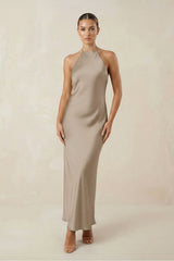 Halter Satin Sheath Midi Bridesmaid Dress in Almond