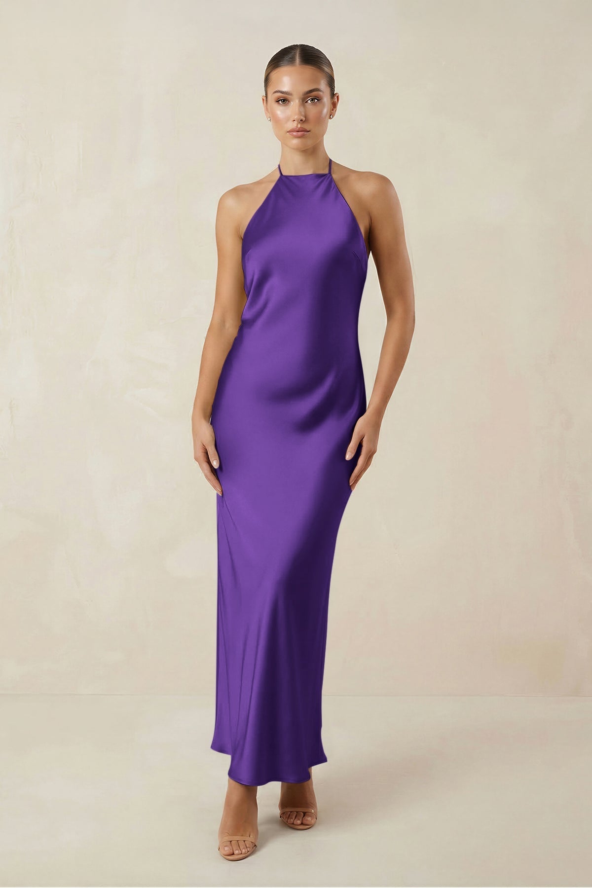 Halter Satin Sheath Midi Bridesmaid Dress in Amethyst