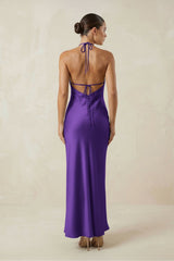 Halter Satin Sheath Midi Bridesmaid Dress in Amethyst
