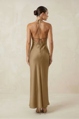 Halter Satin Sheath Midi Bridesmaid Dress in Apple Cinnamon