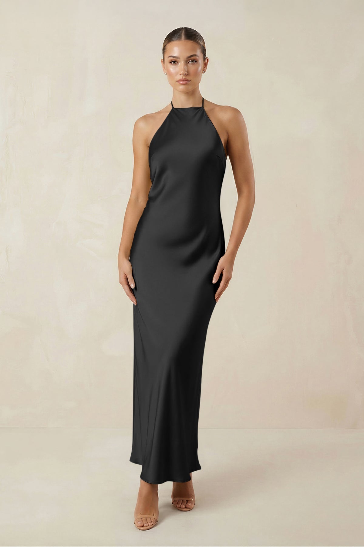 Halter Satin Sheath Midi Bridesmaid Dress in Black