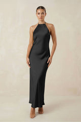 Halter Satin Sheath Midi Bridesmaid Dress in Black