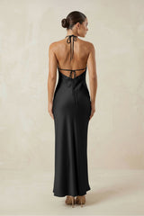 Halter Satin Sheath Midi Bridesmaid Dress in Black