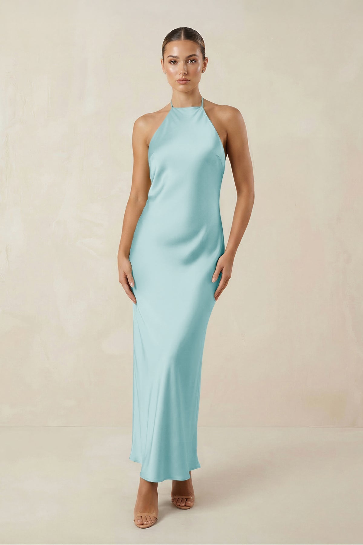 Halter Satin Sheath Midi Bridesmaid Dress in Bleached Aqua