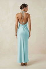 Halter Satin Sheath Midi Bridesmaid Dress in Bleached Aqua
