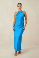 Halter Satin Sheath Midi Bridesmaid Dress in Blue Jay