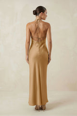 Halter Satin Sheath Midi Bridesmaid Dress in Bronzer