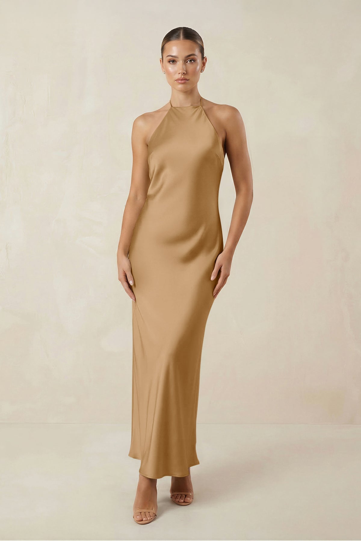 Halter Satin Sheath Midi Bridesmaid Dress in Bronzer