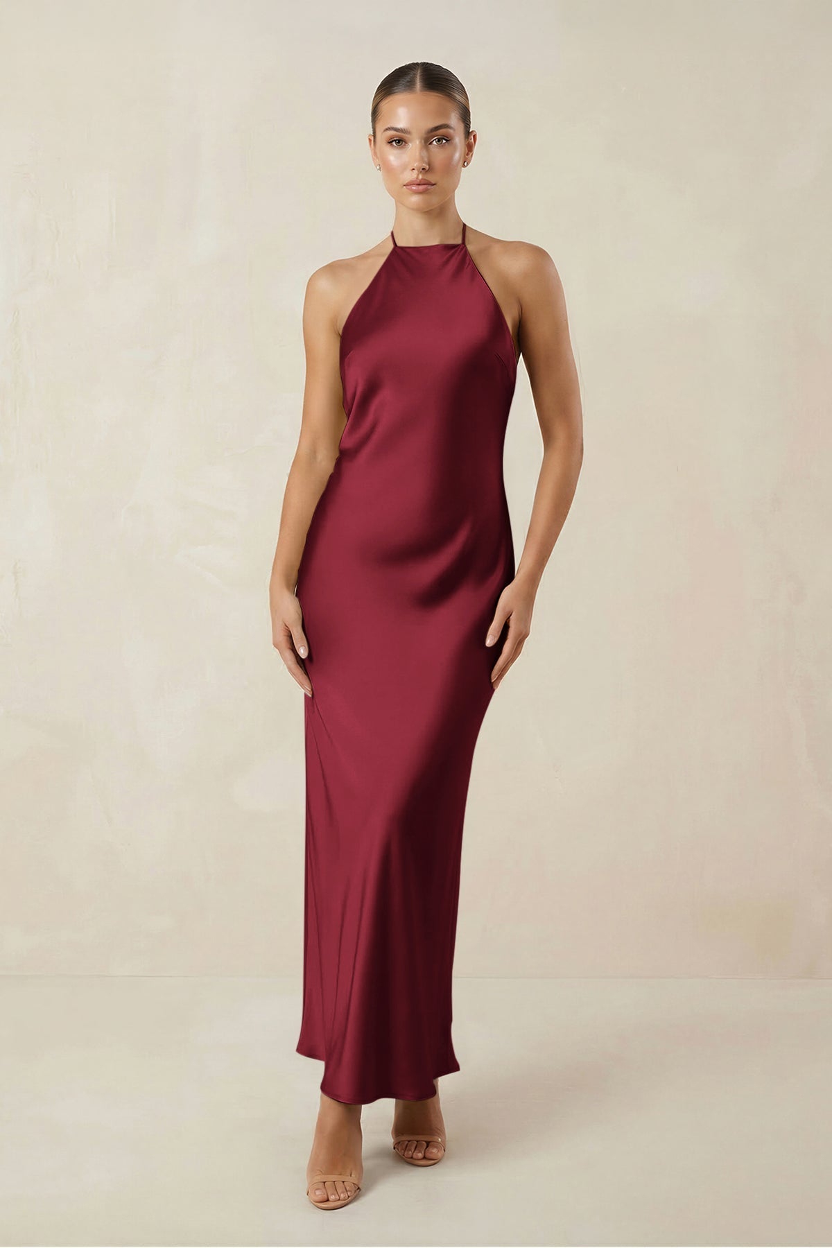 Halter Satin Sheath Midi Bridesmaid Dress in Burgundy
