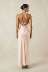Halter Satin Sheath Midi Bridesmaid Dress in Buttercream