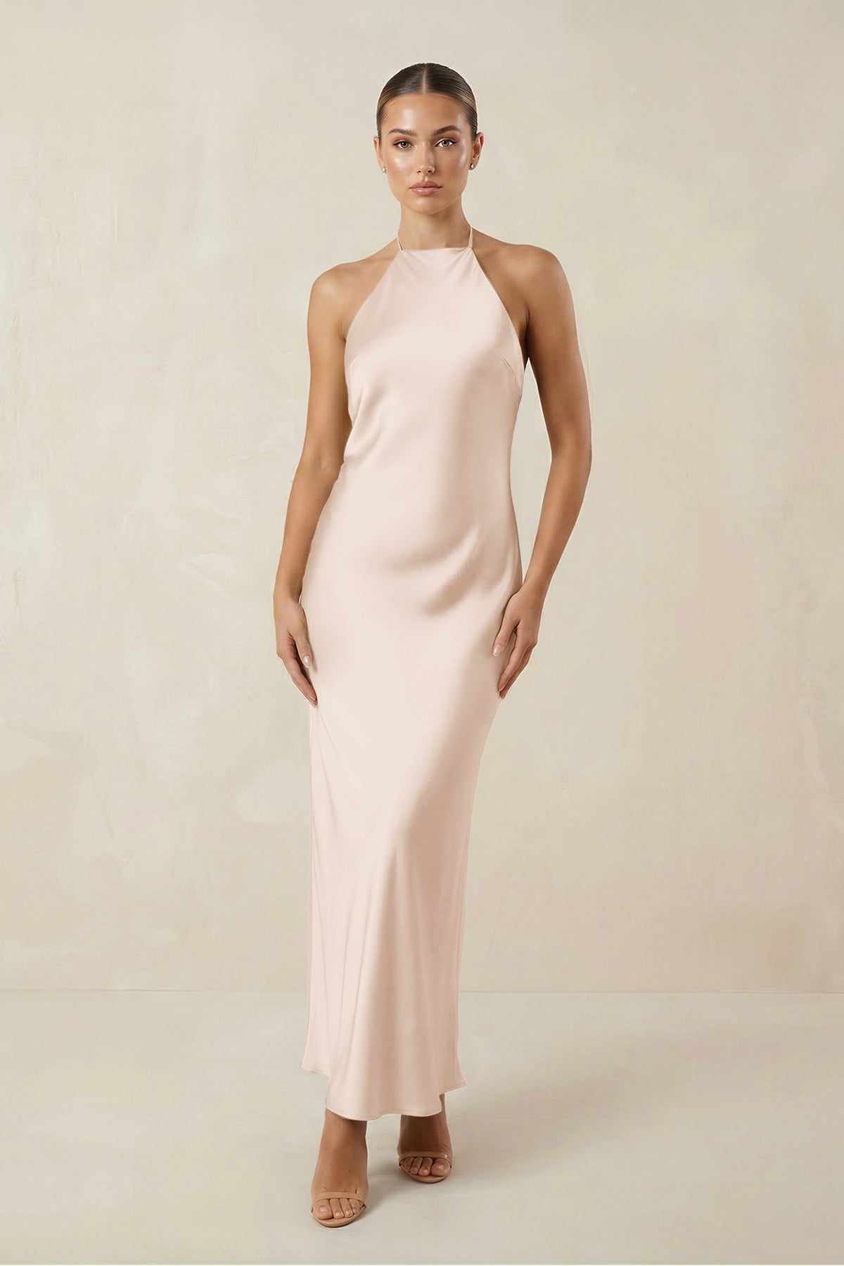 Halter Satin Sheath Midi Bridesmaid Dress in Buttercream