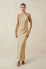 Halter Satin Sheath Midi Bridesmaid Dress in Champagne
