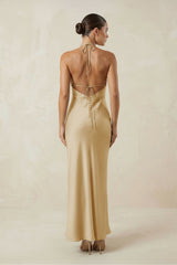 Halter Satin Sheath Midi Bridesmaid Dress in Champagne