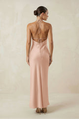 Halter Satin Sheath Midi Bridesmaid Dress in Champagne Rose