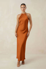 Halter Satin Sheath Midi Bridesmaid Dress in Cinnamon